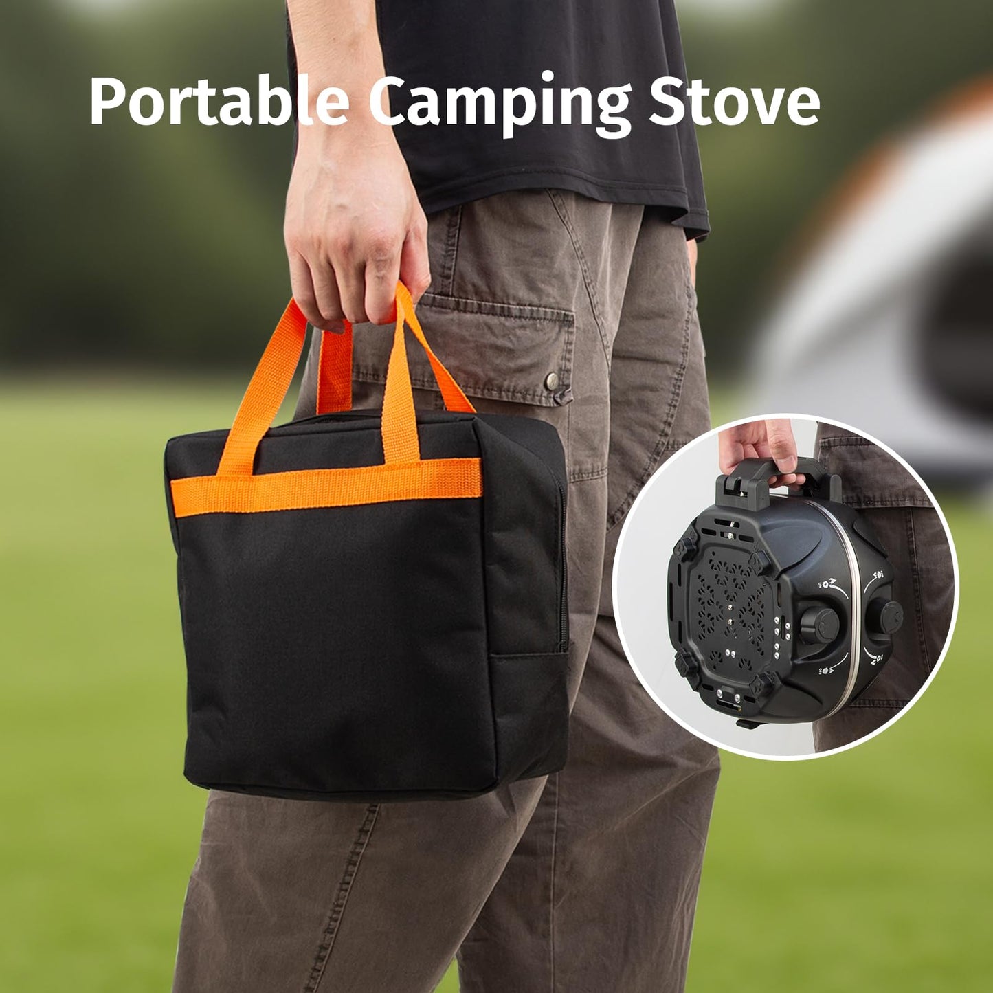 INFOOD Propane Camping Stove 20,000 BTU - Portable 2 Burner Gas Stove with Adjustable Flame Control, Piezo Ignition, Carry Bag & Propane Adapter Hose, Folding Design for Camp, BBQ, Tailgating, Black