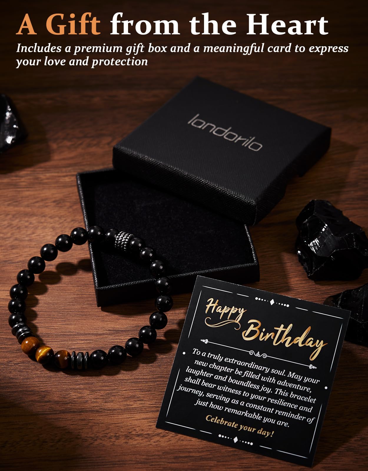 Landorilo Gifts for Men, 8mm Natural Stone Beaded Bracelets, Black Tourmaline & Tiger's Eye Healing Bracelet, Handmade Mens Jewelry Gift for Him, Husband, Son, Father, Friend(Happy Birthday-7.5in)