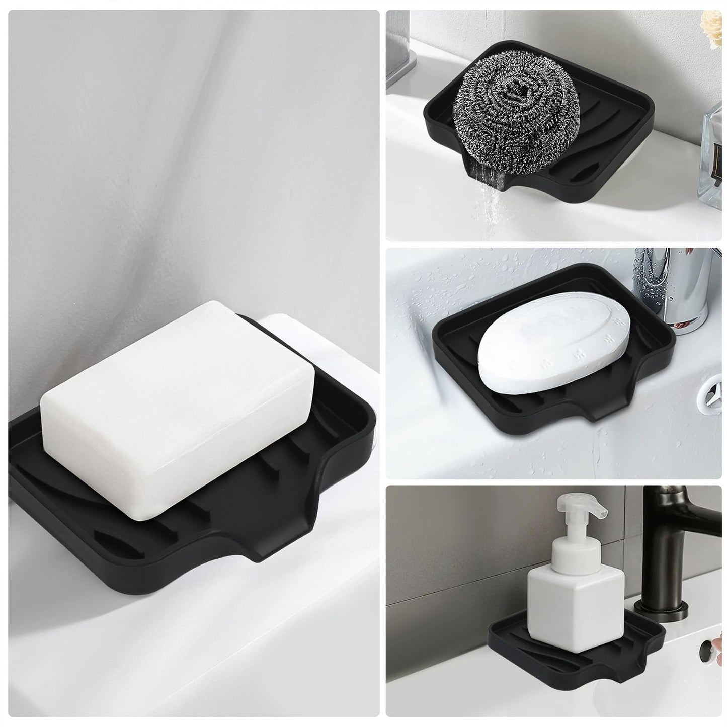 2 Pack Silicone Soap Dish with Drain, Bar Soap Holder for Shower,Bathroom and Kitchen Sink Organizer,Self Draining Waterfall Soap Tray (Black)