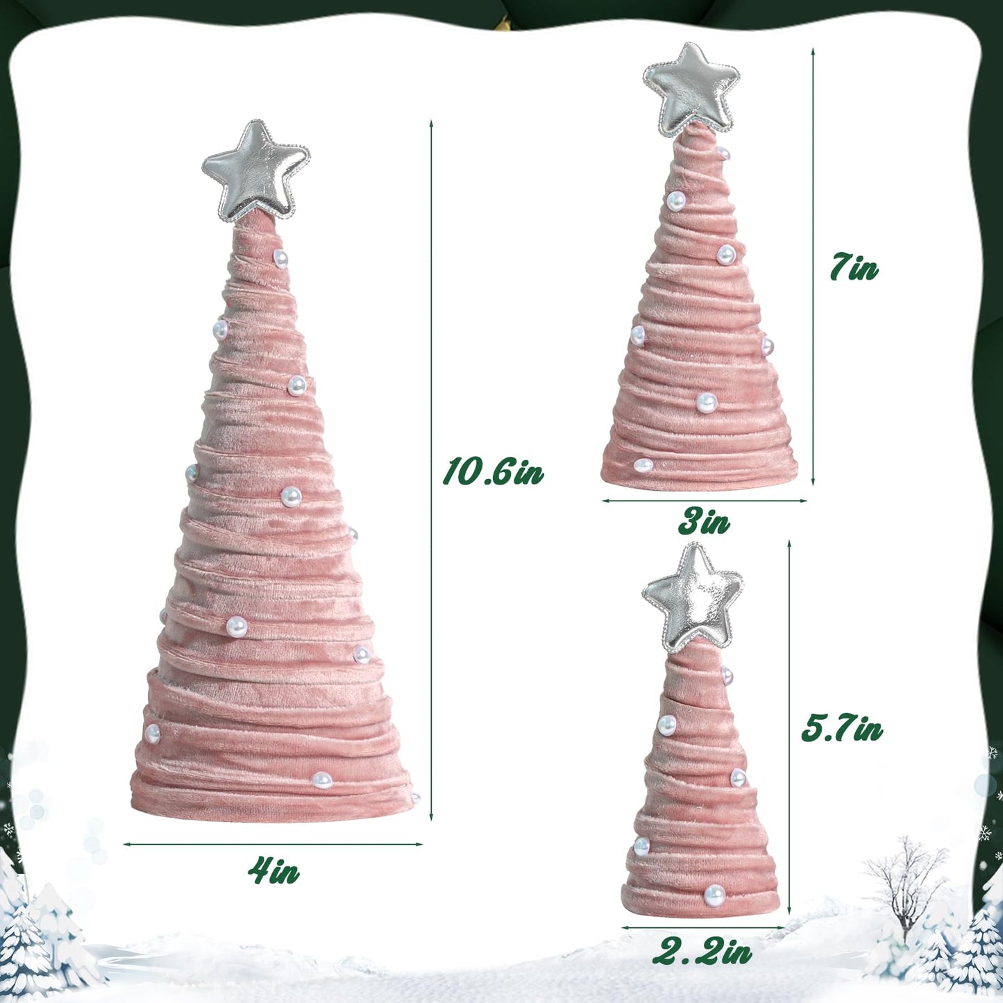 Bunny Chorus Christmas Decorations Indoor, 3Pcs Pink Velvet Cone Trees With Pearls, Table Decor for Xmas New Year Winter Holiday Home Decor