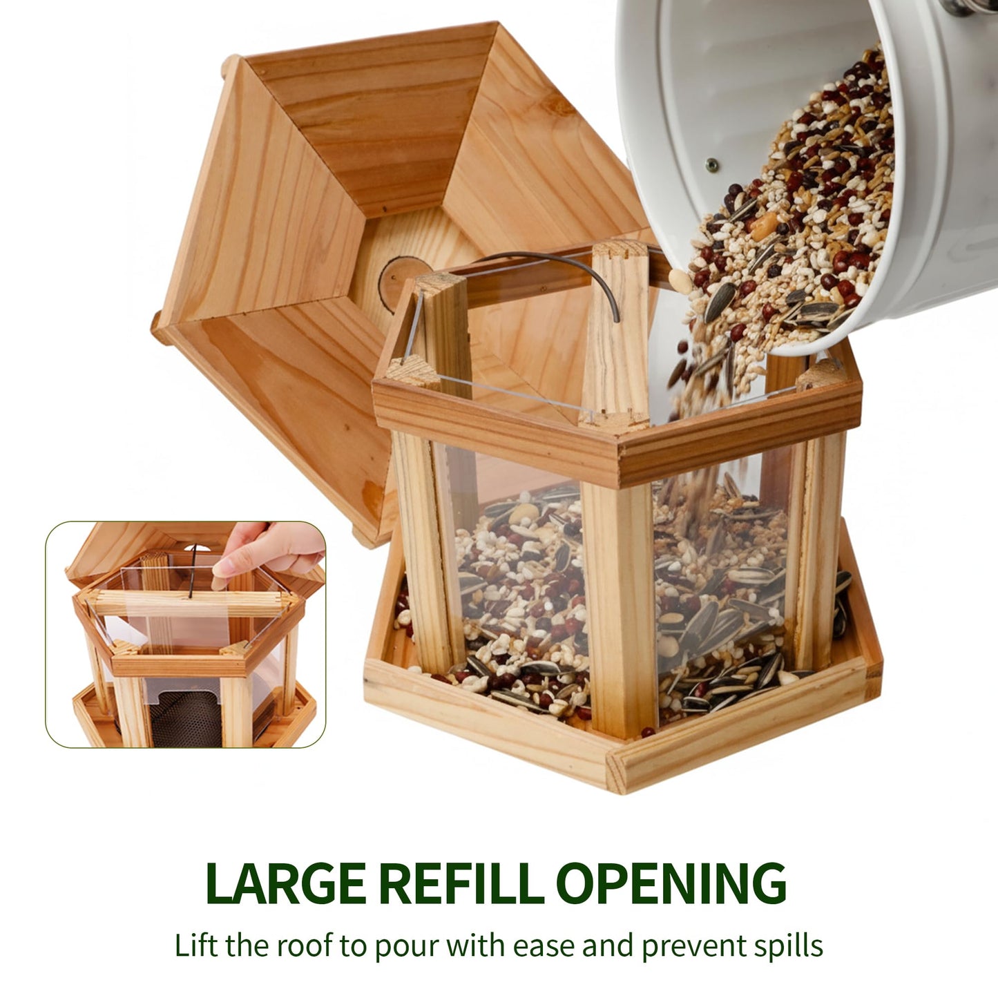 Solution4Patio Bird Feeder for Outdoors - USA Cedar Hexagon Gazebo Bird Feeders with Vented Mesh Tray, Easy-Clean & Fill Design 9.6" Dia. X 8.7" H 3.2-lb Capacity
