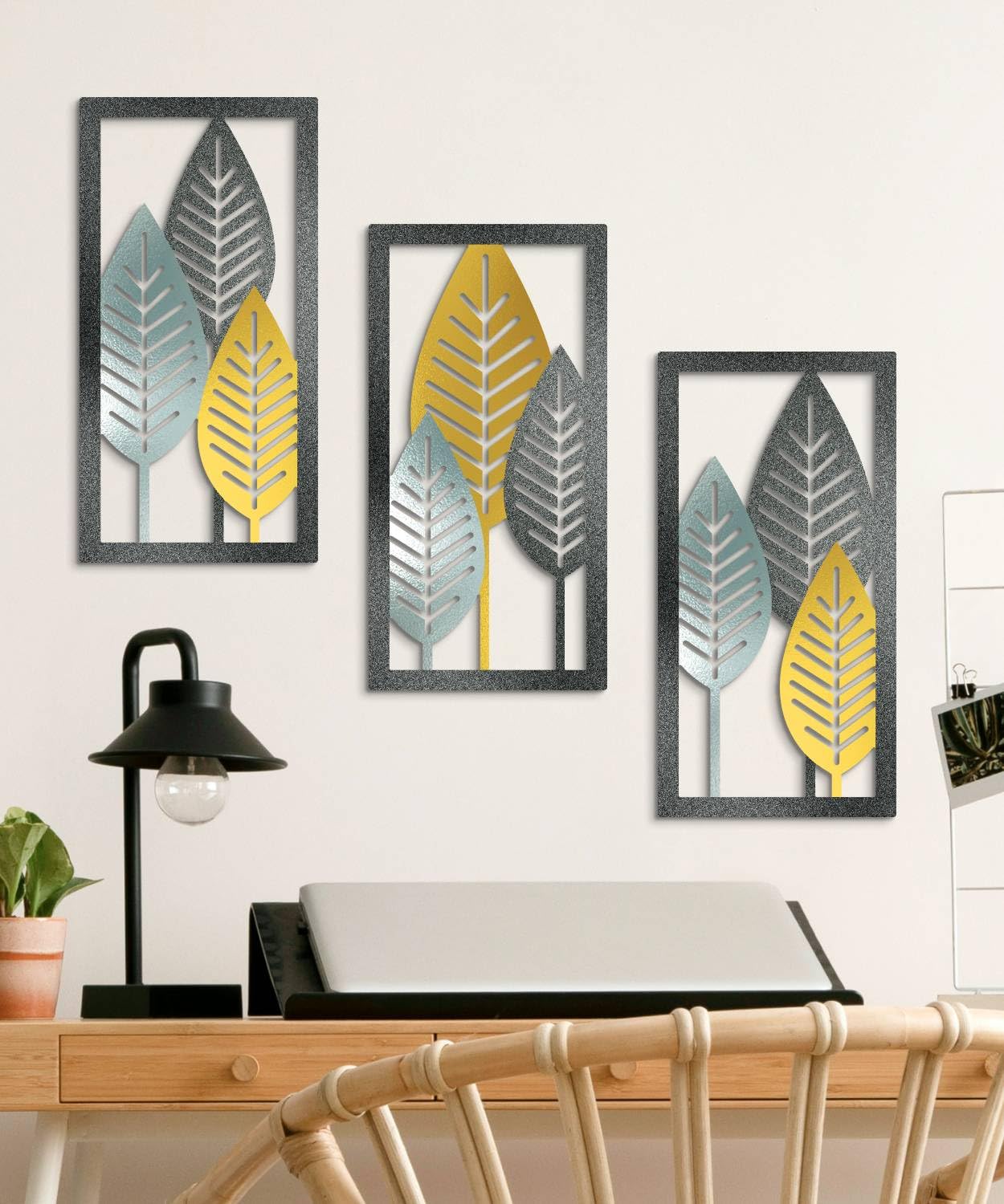 Putuo Decor Leaf Boho Wall Art Set of 3, Botanical Mid Century Nature Wall Decor, Modern Tree Hanging Art for Living Room Bedroom