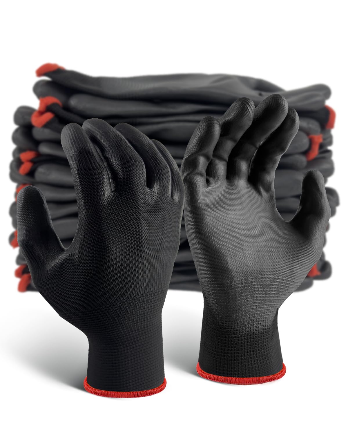 FJDZ SAFETY 12 Pairs Ultra-thin Work Gloves PU Coated Breathable Light Duty Glove for Precision, Gardening,Home Improvement(Black,L)