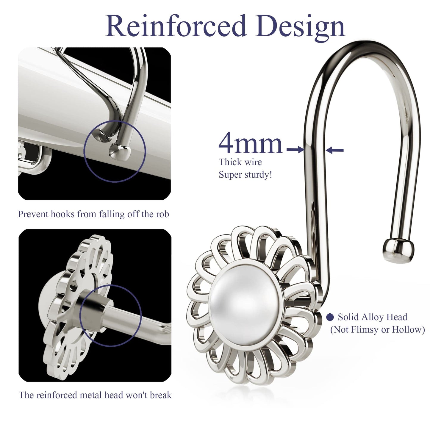 iToplin Nickel Shower Curtain Hooks Rings, Decorative Shower Curtain Hangers, Heavy Duty Metal Shower Rings, Sunflower Shower Hooks for Shower Curtain Rod and Liner, Bathroom Curtain Hooks, Set of 12