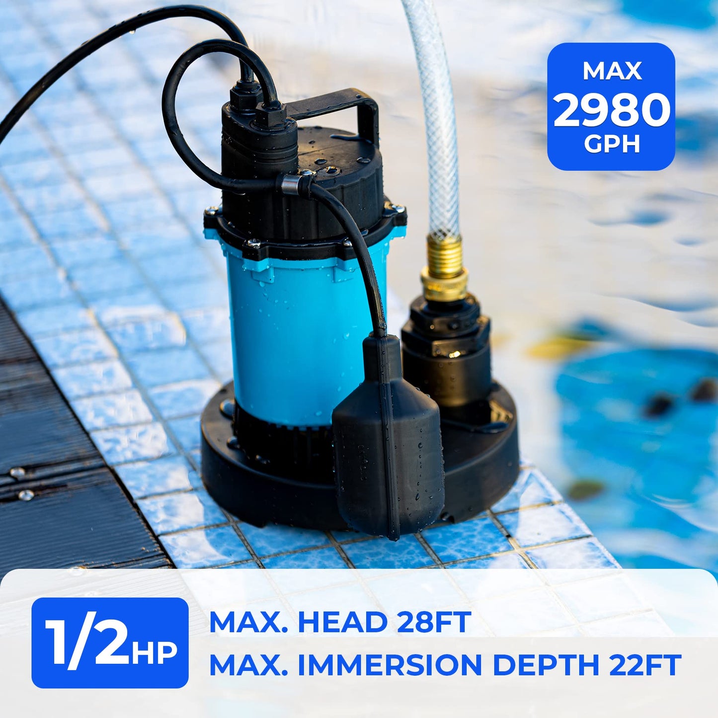 BOMGIE 1/2HP Sump Pump 2980GPH Submersible Water Pump with Automatic Float Switch, Clean/Dirty Water Utility Pump for Pool Draining, Basement Flooding, Irrigation with 10ft Power Cord