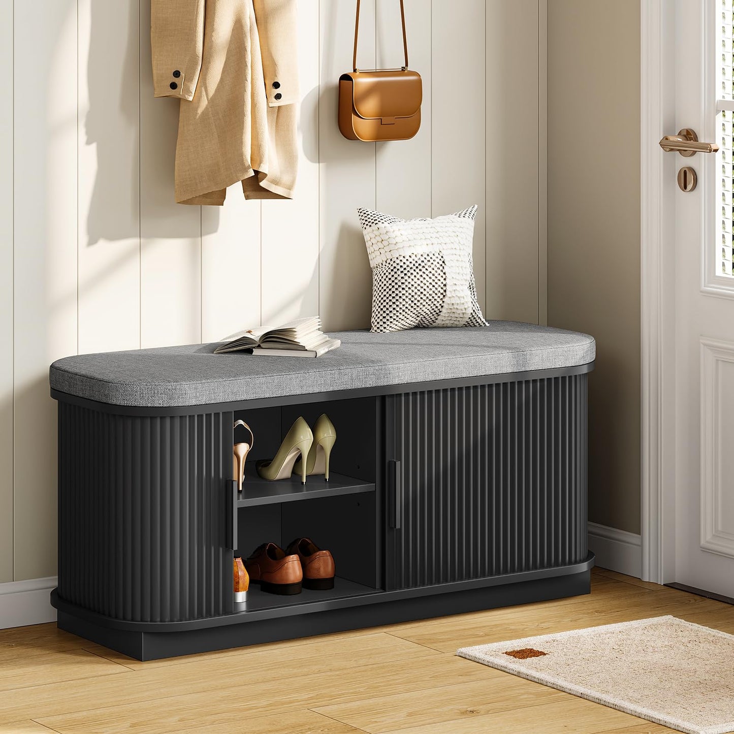 CHOEZON Shoe Storage Bench, Entryway Bench with Storage, Shoe Bench with Cushion and Sliding Door, Fluted Storage Bench, Entry Bench for Entryway, Hallway, Living Room, Bedroom, Black and Gray MHX02BB