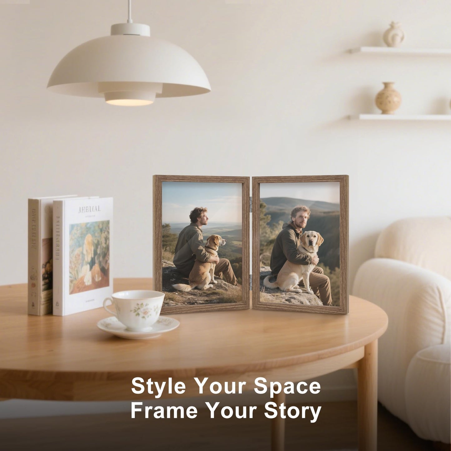 FOREV 4x6 Double Picture Frame Wooden Hinged Photo Frame Definition Glass Stand Vertically on Desktop or Tabletop