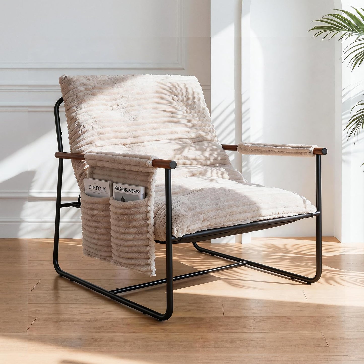 Comfy Accent Chair Modern Living Room Chair Cozy Lounge Chairs Oversized Armchair With Wood Armrests Sturdy Metal Frame Upholstered Reading Chair Soft Cushion sofa Chairs For Bedroom Balcony Porch