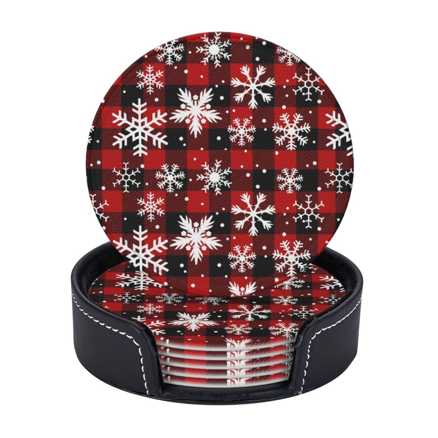 6 Pcs Christmas Coasters for Women Men, 4 Inch Xmas Red Plaid Coaster with Holder for Home Kitchen Office Table Decor