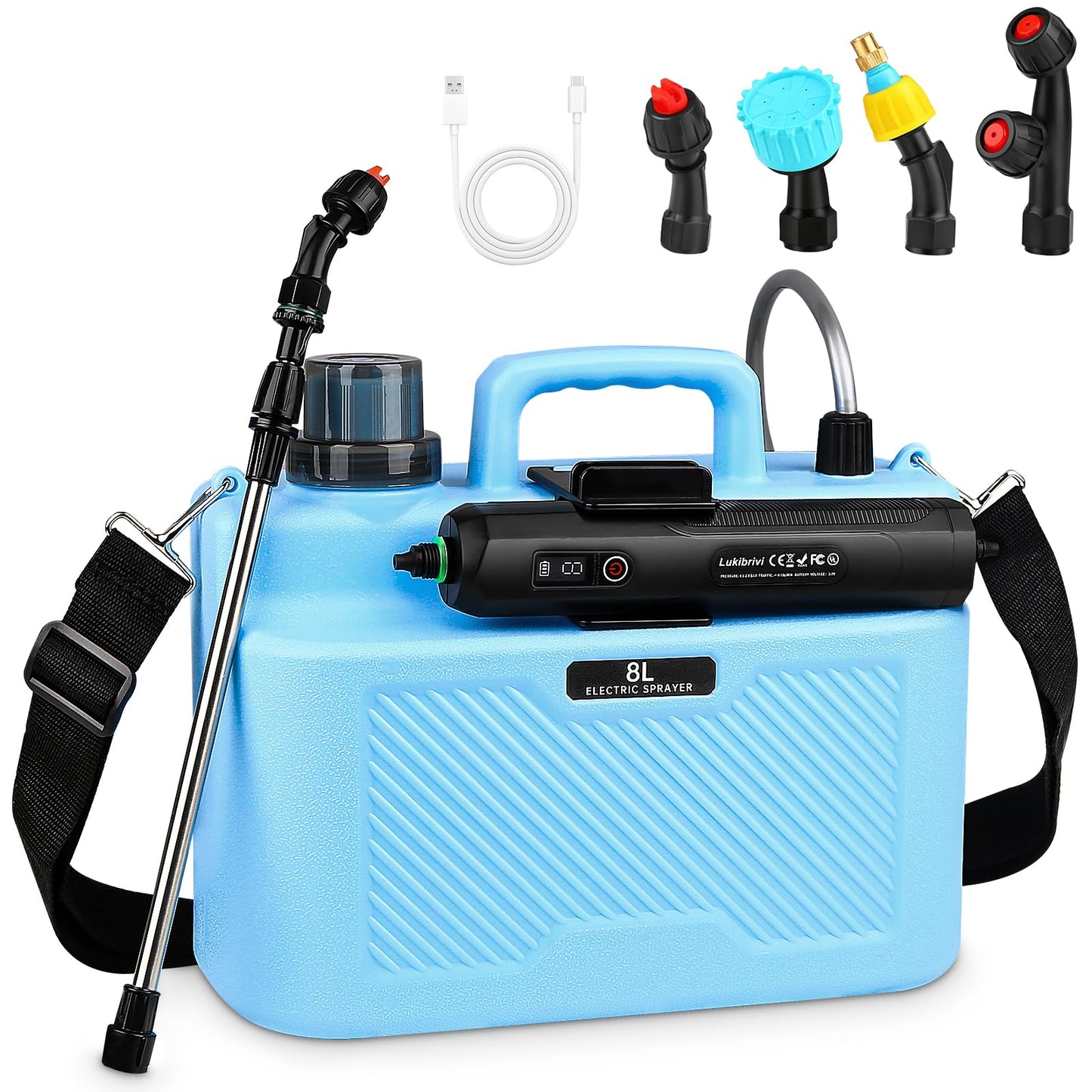Battery Powered Sprayer 2 Gallon - Pump Sprayer Electric Garden Spray Weed Sprayer with 4 Nozzles Retractable Wand Adjustable Strap for Lawn and Yard Plant Care