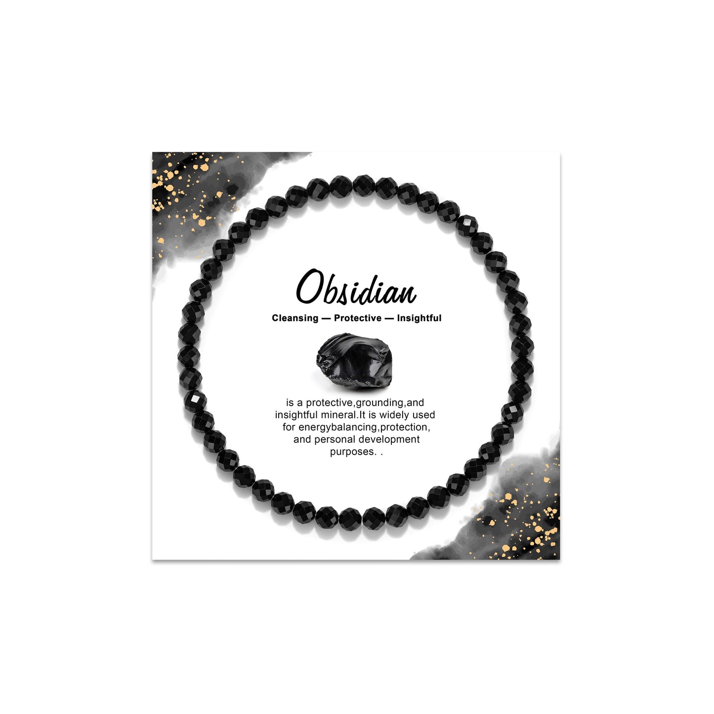 GolbalJew Natural Gemstone Beads Bracelets Healing Crystal Stone Beaded Bracelet for Women Men Handmade Spiritual Jewelry Gifts, 4mm Obsidian Faceted Round Beads