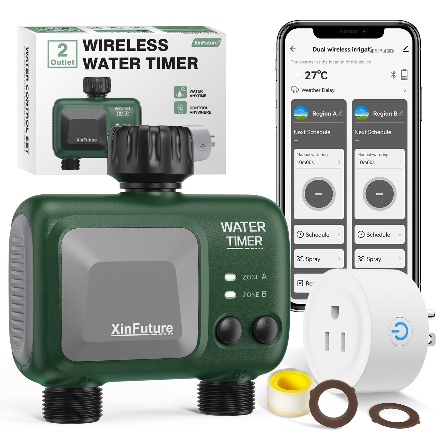 Smart Sprinkler Timer 2 Zone with Gateway, WiFi Water Timer with Rain Delay, Manual& Automatic Watering System for Garden Hose Faucet, App& Voice Control, Outdoor Hose for Yards Lawns