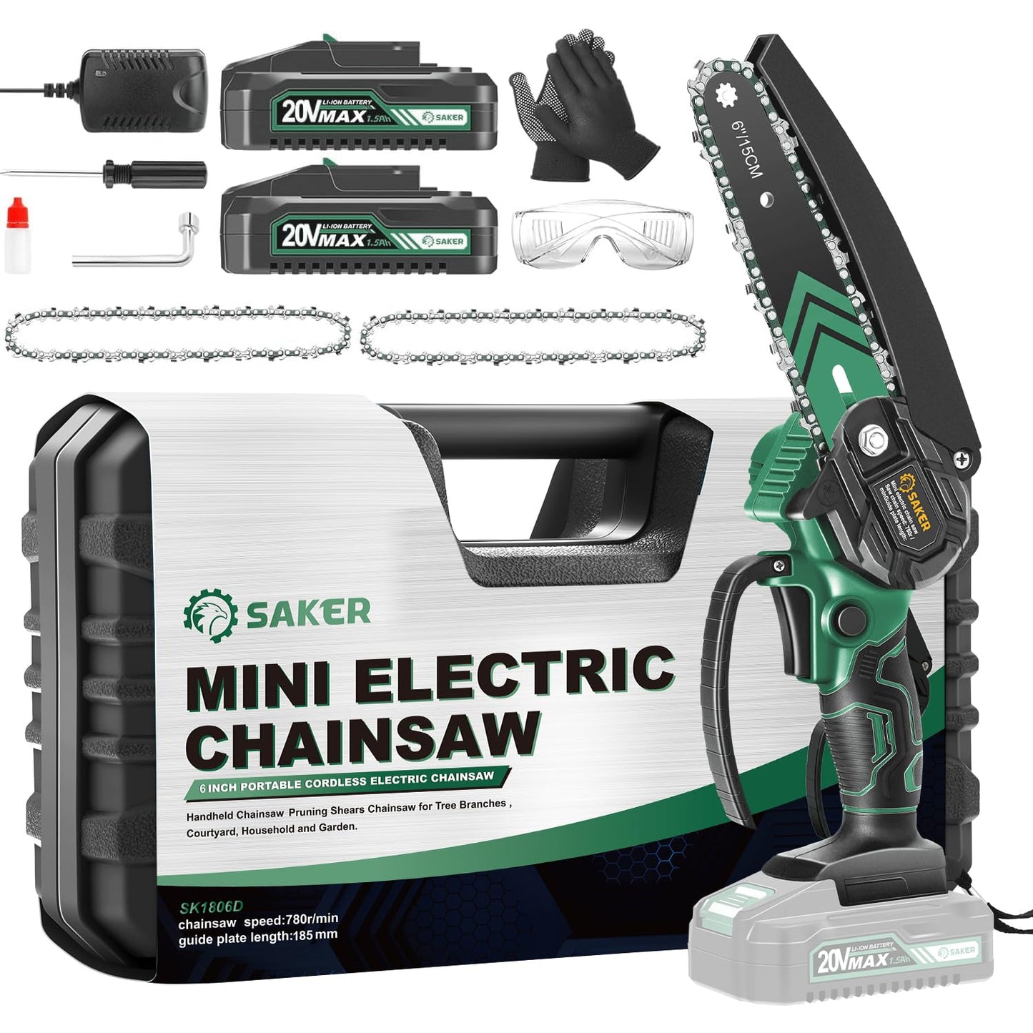 Saker Mini Chainsaw,6 Inch Portable Electric Chainsaw Cordless, Small Handheld Chain saw for Tree Branches,Courtyard, Household and Garden,Gift for Men Dad(SK1806D-G)