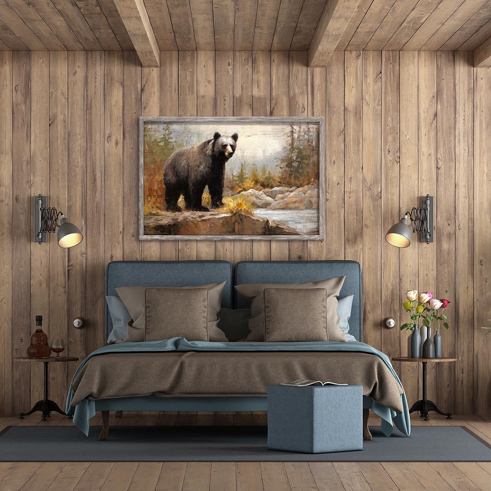 Framed Bear Picture Wall Art: Large Wild Animal Prints Woodland Wildlife Artwork Rustic Farmhouse Wood Painting for Living Room Bedroom