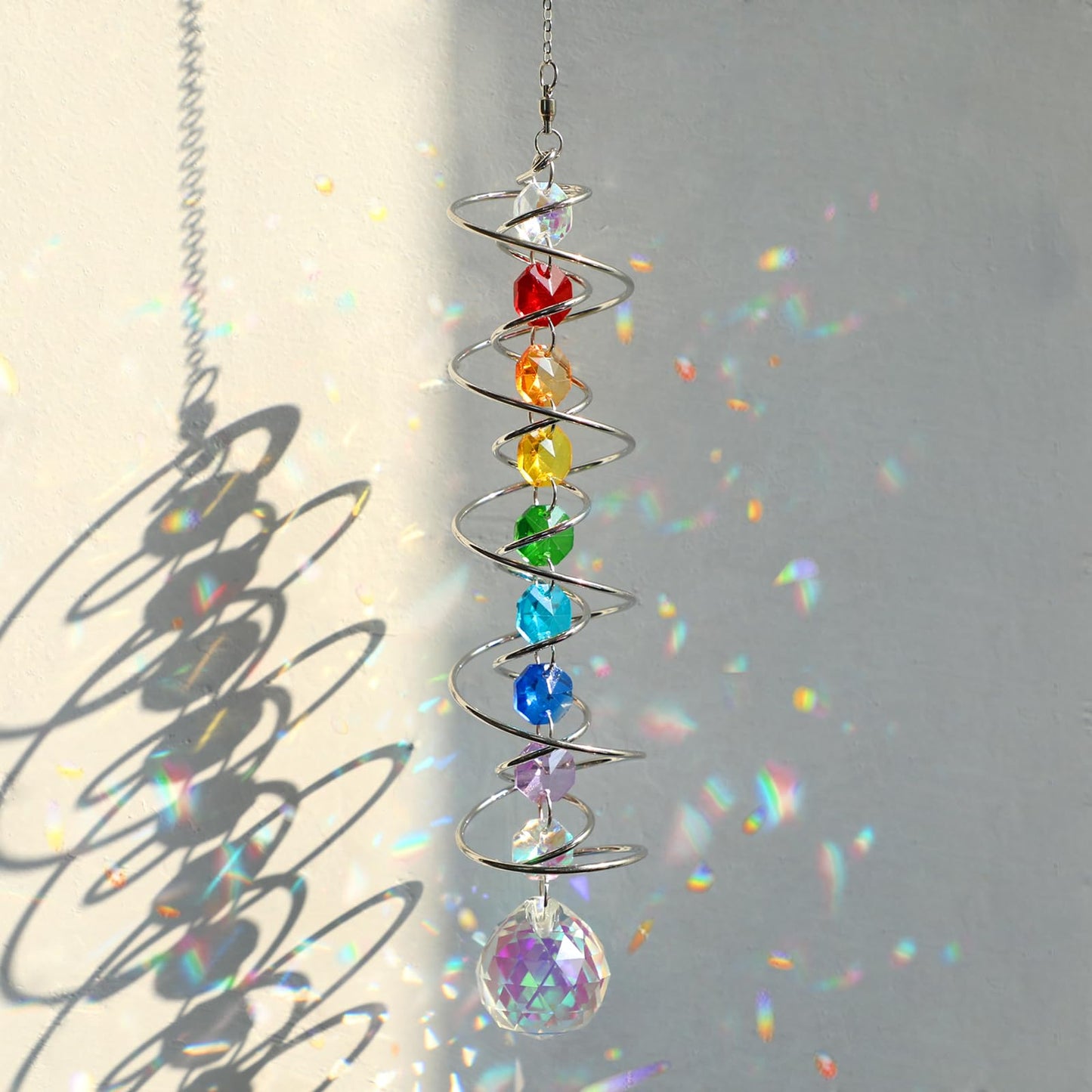 GWAHSA Suncatcher Wind Spinner Gazing Ball Spiral Tail, Crystal Sun Catchers with Seven Chakra Beads Window Hanging for Indoor Home Outdoor Garden Decor Wedding Birthday Party Gifts for Girl Women Mom