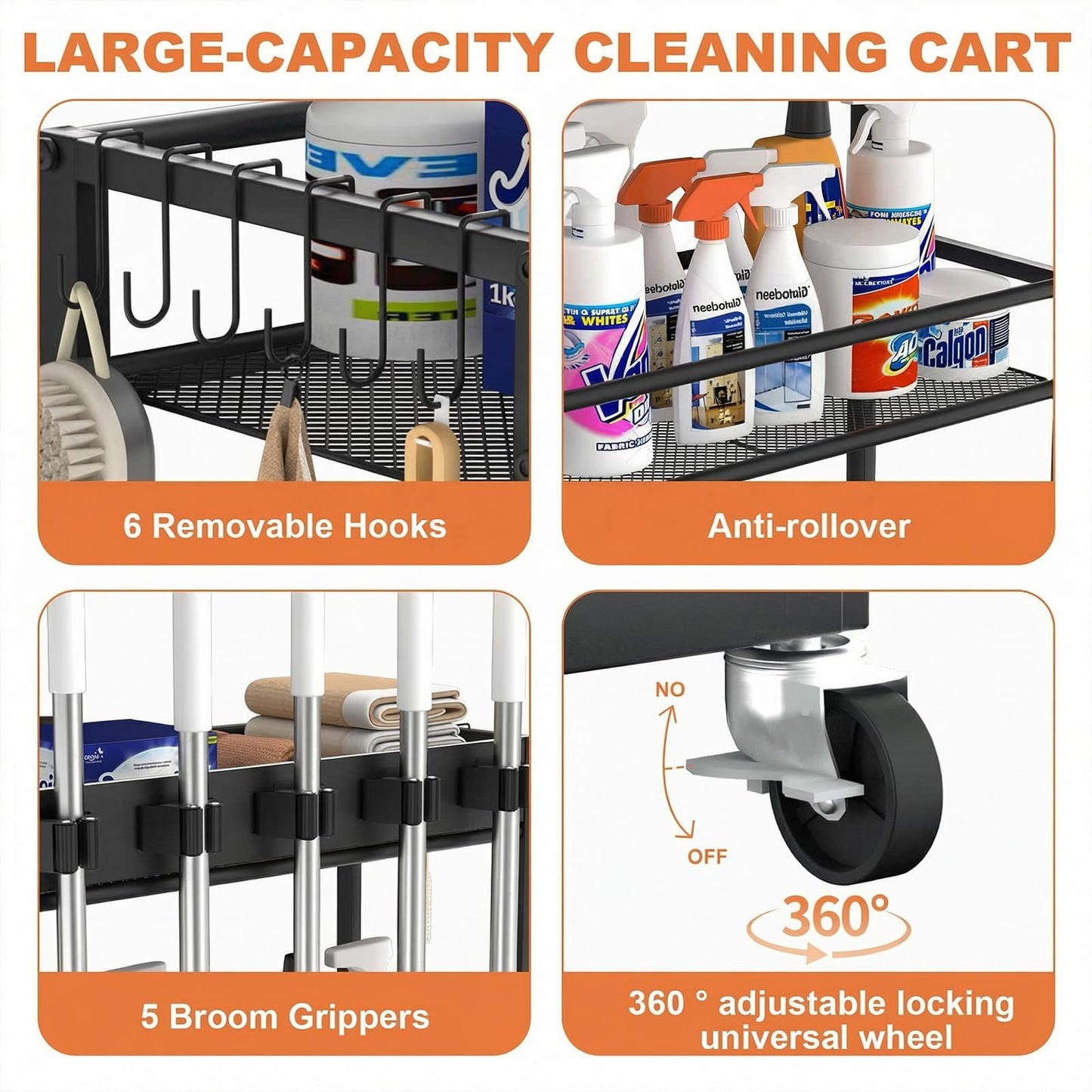 Multifunctional Mobile Cleaning Station, Rolling Cleaning Cart and Cleaning Tool Station with 5 Mop Grippers, 6 Hooks for Laundry Room, Kitchen, Garage, Garden and Pool Area Cleaning Storage