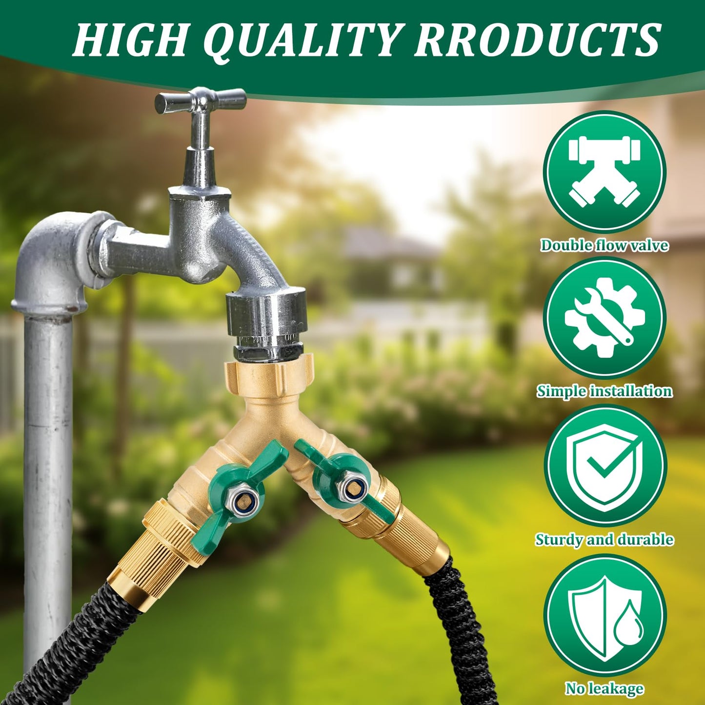 Garden Hose Splitter 2 Way, Heavy Duty Brass Hose Splitter, 3/4" GHT Hose Y Splitter with Shutoff, Full Flow Outdoor Faucet Splitter, Water Hose Y Valve Tap Adapter