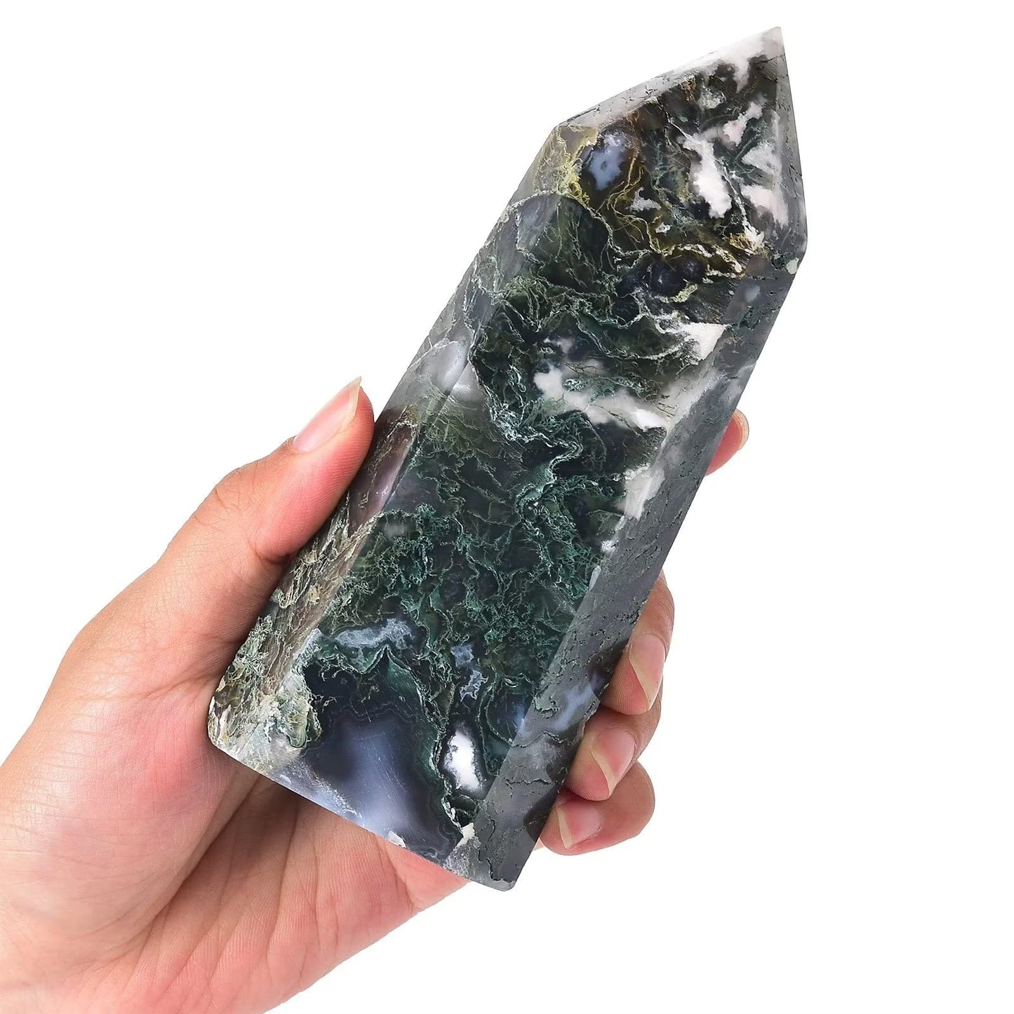 AMOYSTONE Large Healing Crystal Obelisk Towers Moss Agate Point Wand Home Decor Reiki Healing 1.1-1.7 LBS