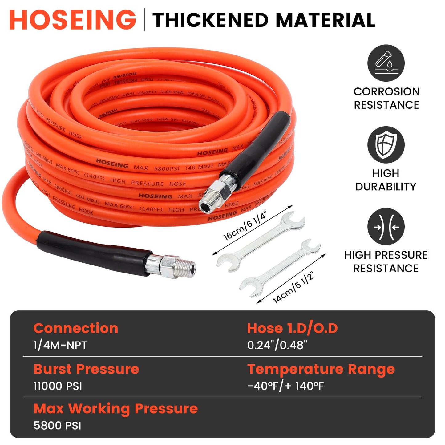 50FT Sewer Jetter Kit for Pressure Washer, 5800 PSI Water Jet Drain Cleaner Hose With Corner Rotating Button Nose Nozzle, 1/4 Inch NPT, Spanner Handle and Strap