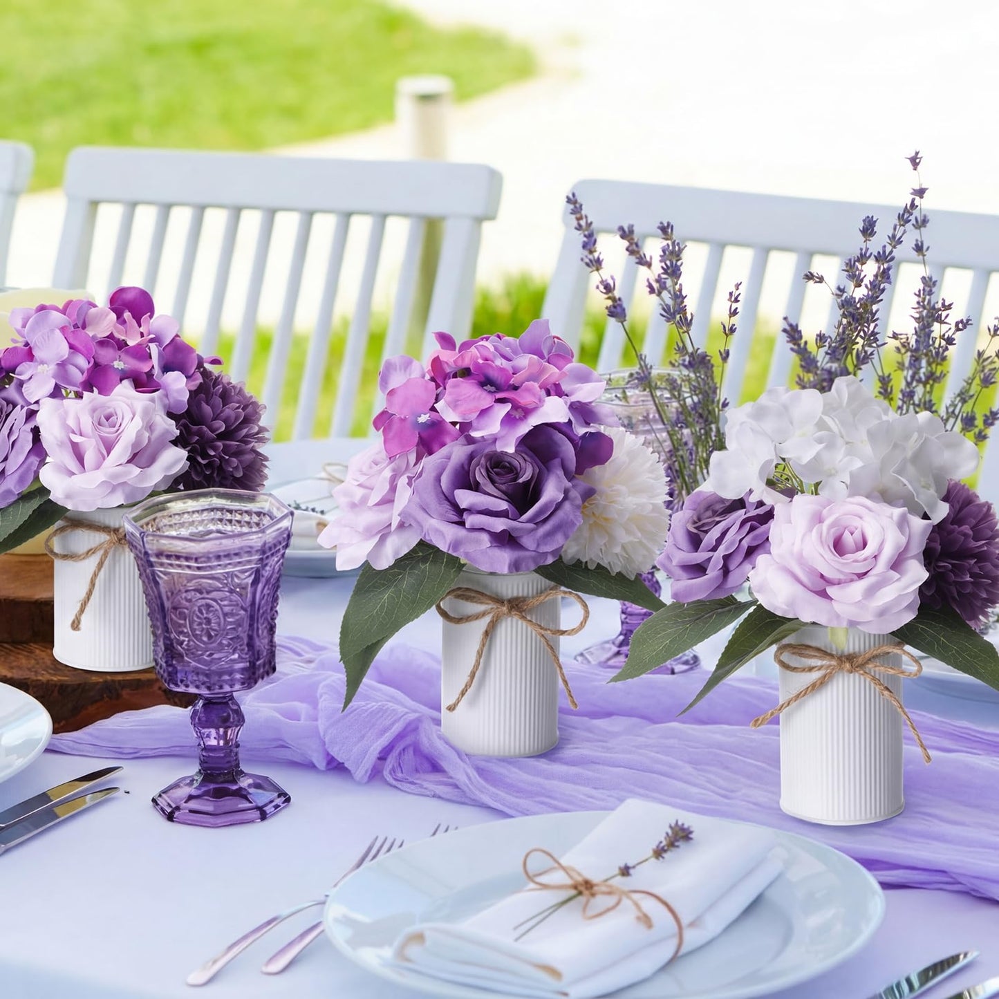 Zeyune 6 Sets Artificial Spring Centerpiece for Tables Fake Purple Plants with Galvanized Pots Farmhouse Purple Flowers Bouquet for Wedding Home Office Rustic Decor