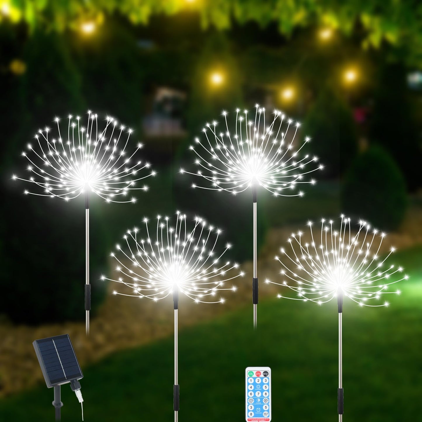 Slyuexu Solar Garden Lights Outdoor Waterproof, 4 Pack Total 480 LED Solar Firework Lights Decorative with 8 Lighting Modes Outside for Yard Pathway Flowerbed Decor, White