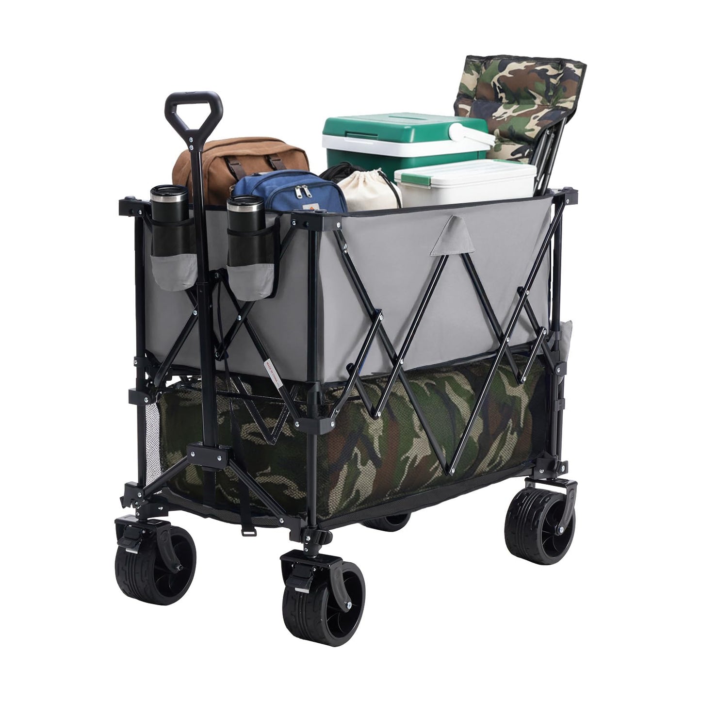 NEWBULIG Large Capacity Folding Double Decker Wagon with Brakes, 440lbs Wagons Carts Foldable Wagon Cart with Flexible Handle, All-Terrain Big Wheels for Grocery Sports Garden Camping