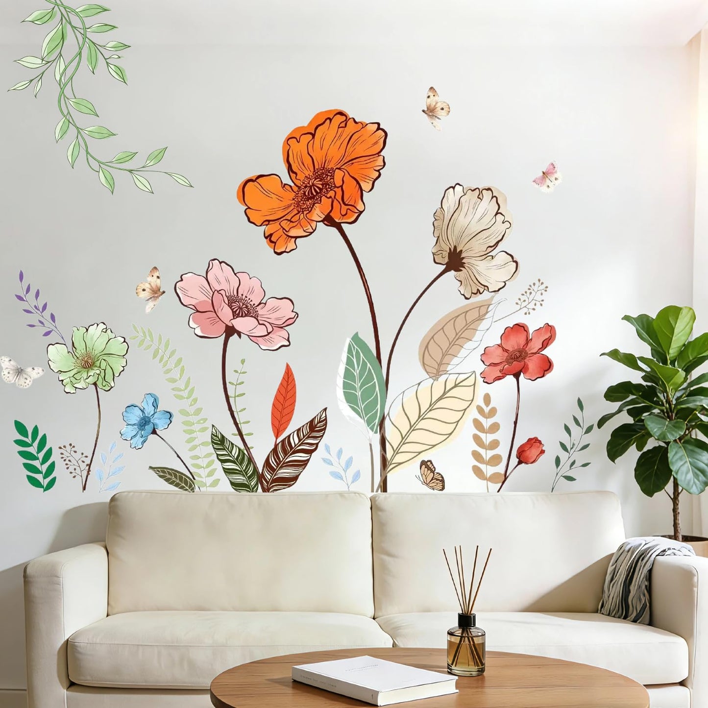 Flower Wall Decals Large Boho Wall Stickers - Wildflower Floral Spring Wall Art Decals Wall Decor Peel and Stick for Living Room Bedroom TV Wall