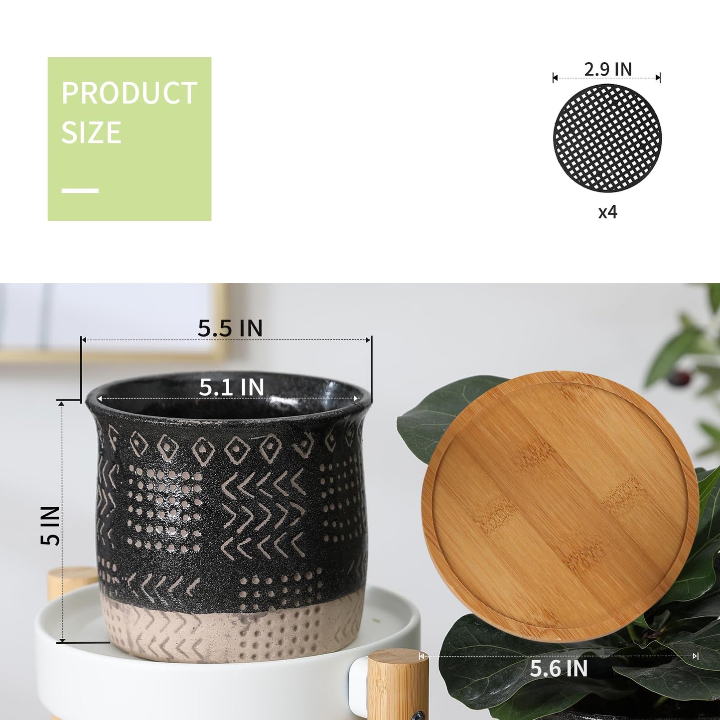 BABALIU 5.5 Inch Ceramic Plant Pots with Drainage Holes and Trays, Creative Retro Totem Planter Pot with Bamboo Saucers for Indoor Flowers, Succulent, Snake Plants, Cactus & Herbs, Black, Set of 4