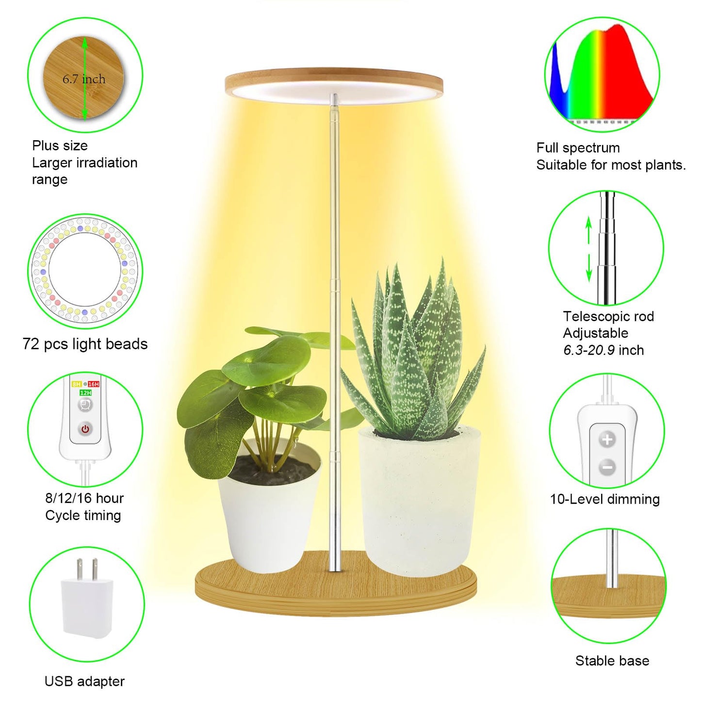 Plant Grow Light for Indoor Plant,Bamboo Mini LED Grow Light Garden,Height Adjustable,Automatic Timer with 8/12/16 Hours，1 Pack