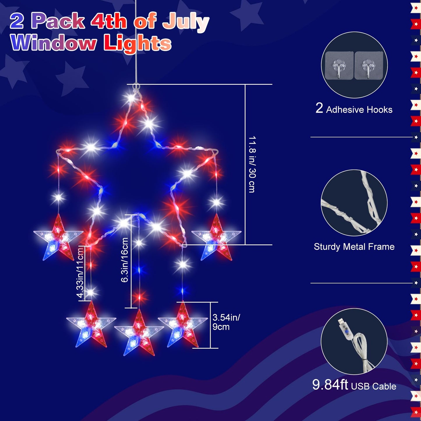 Lewondr 4th of July Decorations, 2 Pack Red White and Blue Window Star Lights with 62 LEDs, Patriotic Star Lights with Remote, 8 Modes & Timer, USB Powered Hanging Light for Independence Memorial Day