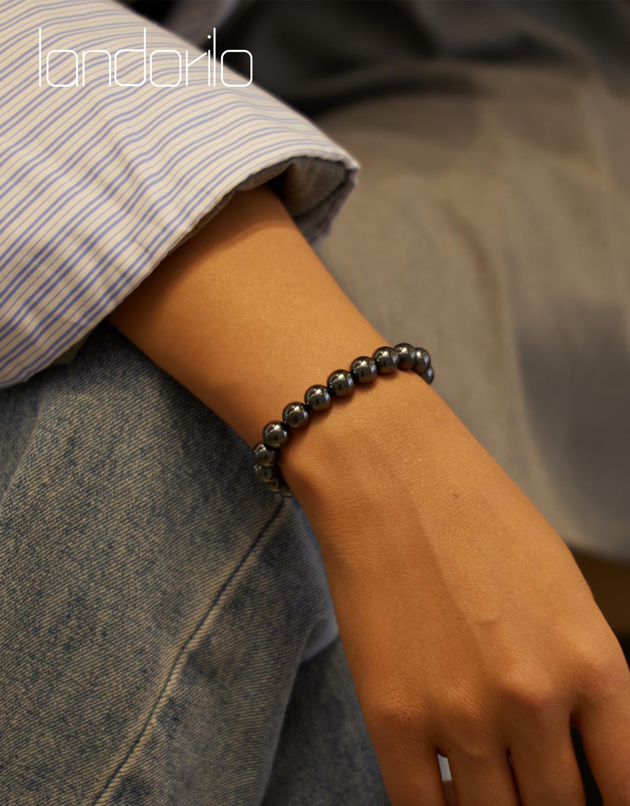 Landorilo Beaded Bracelet for Men Women, 8mm Natural Stone Hematite Healing Crystal Stretch Bracelets, Ideal Christmas Birthday Jewelry Gifts with Energy Card，Replacement Beads Included