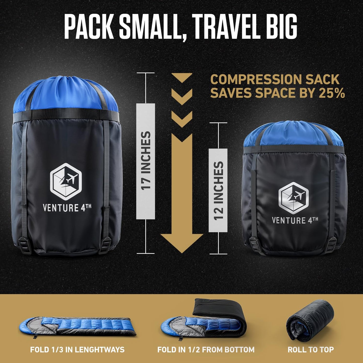 VENTURE 4TH 3-Season XXL Backpacking Sleeping Bag, Camping Sleeping Bags for Adults & Kids - Lightweight, Comfortable, Water Resistant, Ideal for Hiking, Camping & Outdoor – Blue/Black