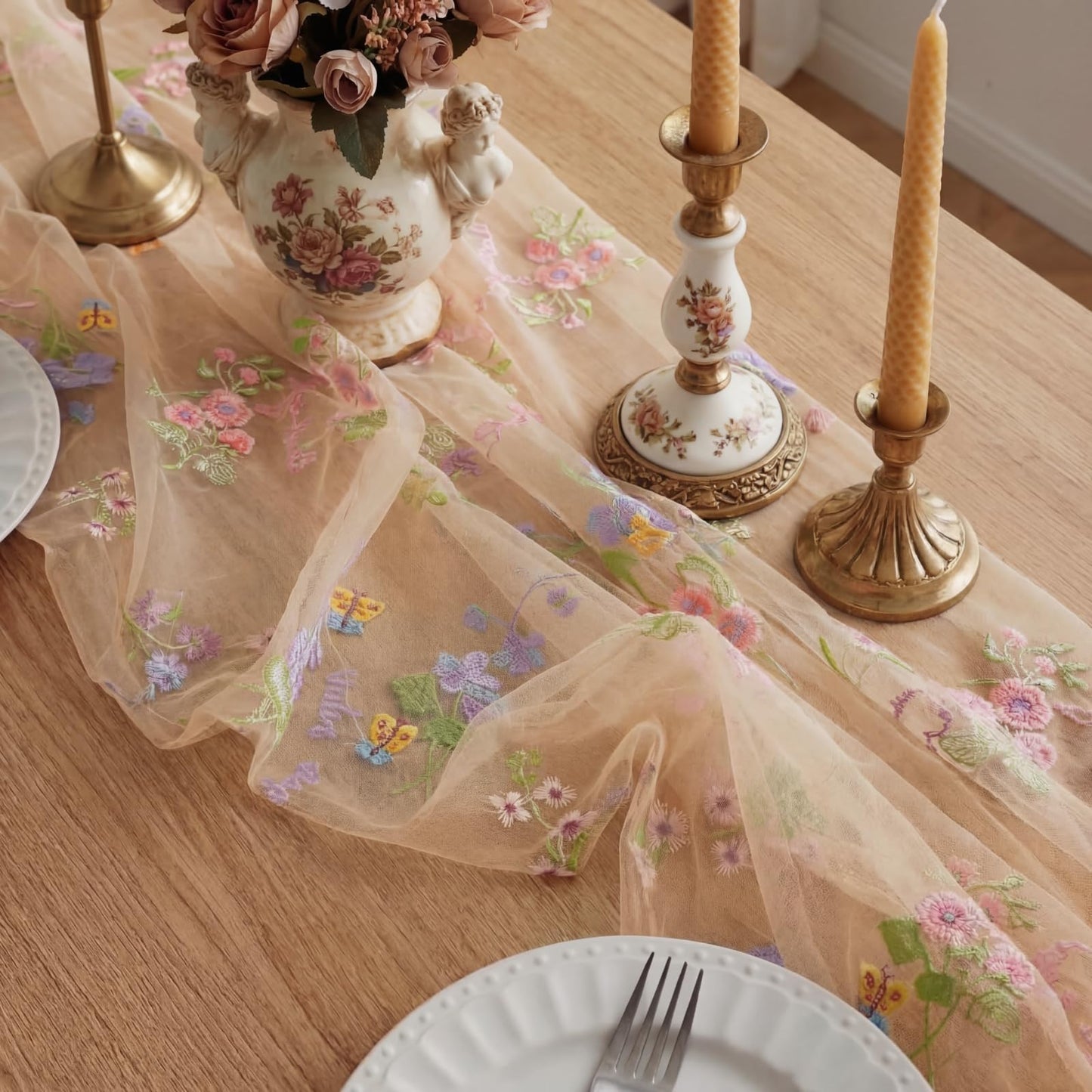 Windkream Champagne Floral Table Runner 10ft Embroidery Tulle Spring Wildflower Table Runner Seasonal Summer Butterfly Kitchen Dining Gauze Decoration for Wedding Baby Shower Birthday Party (1 Pcs)
