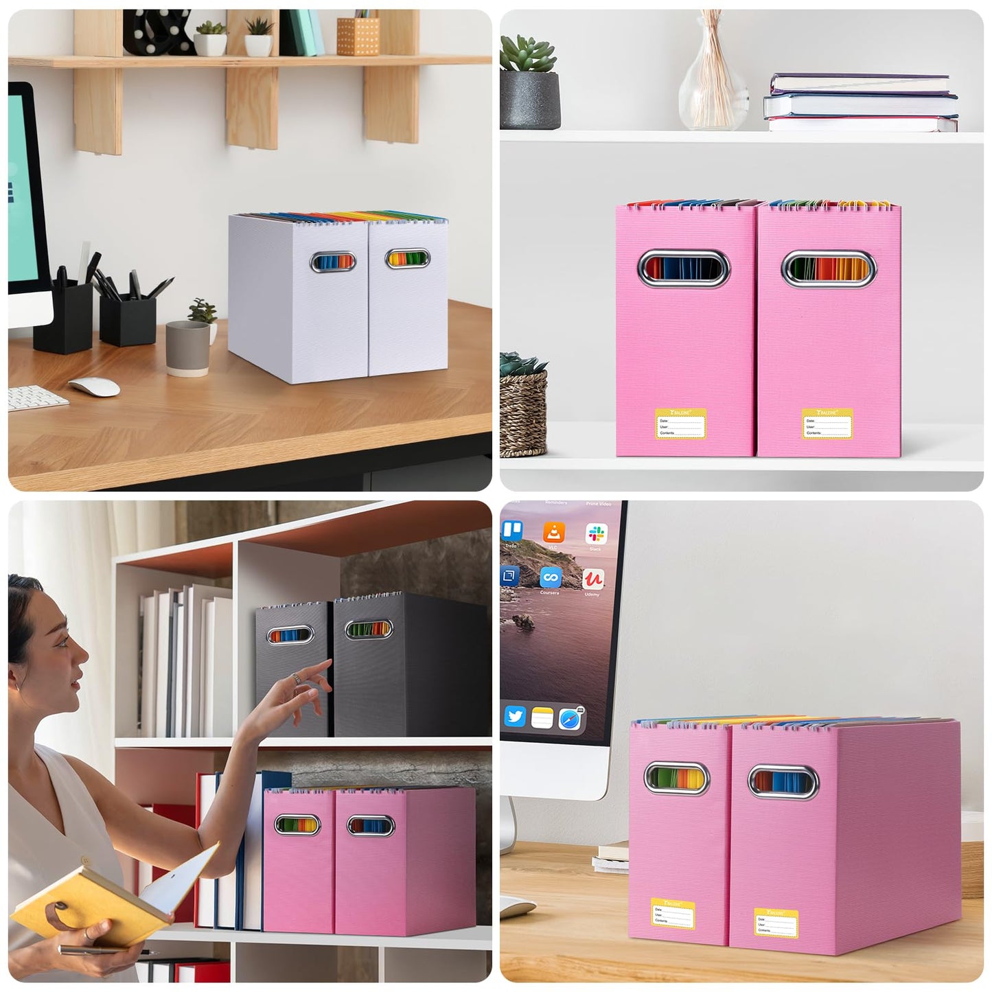 BALEINE File Organizer Box, Cardboard File Folder Organizer with Handle for Letter Size, Portable Collapsible Hanging Filing Box for Home Office Document Storage (2 Pack, White)