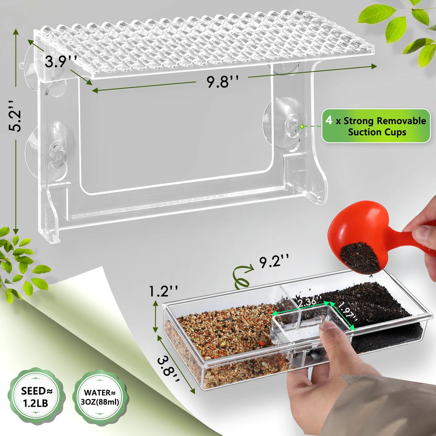 Gbekery Window Bird Feeder for Outdoors with Strong Suction Cups, Acrylic Clear Window Bird Feeders for Viewing with Large Capacity Detachable Seed & Water Tray