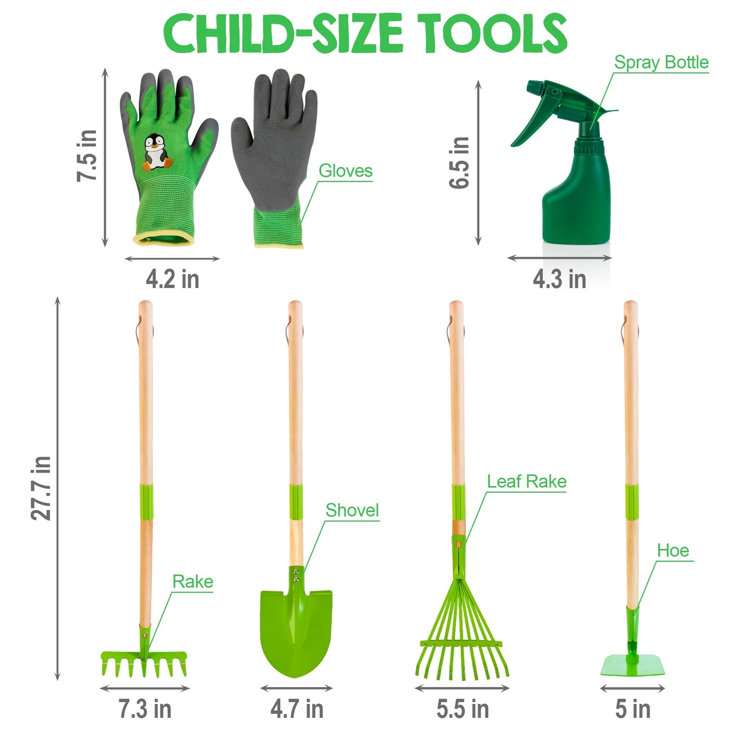 Amtreen Kids Gardening Tools Set - 6PCS Detachable Garden Tool Kit with Gloves, Shovel, Rake, Hoe, Leaf Rake & Spray Bottle - Wooden Handles with Hanging Hole, Perfect Outdoor Toy Gift for Ages 3-5