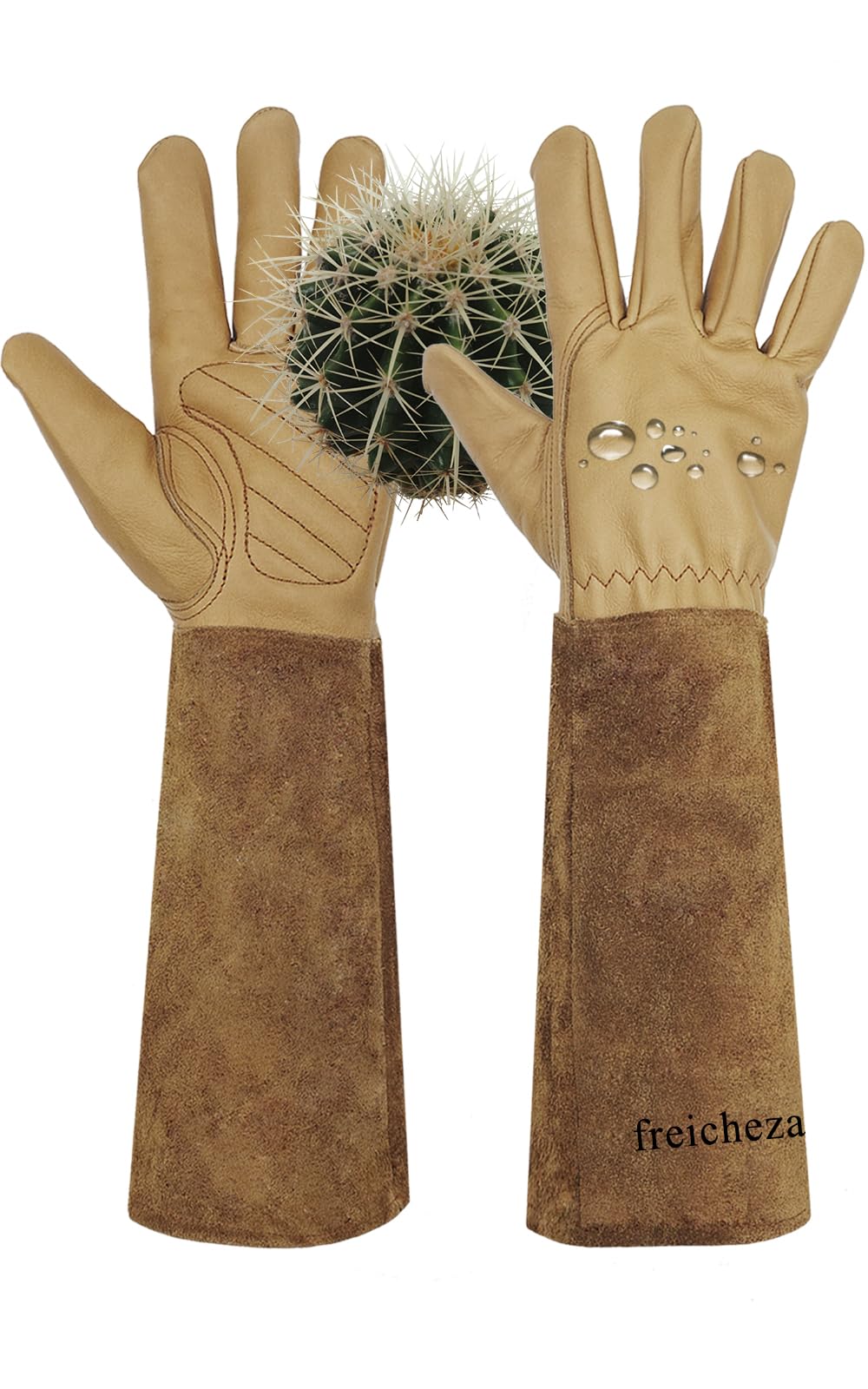 Freicheza Long Gardening Gloves for Women/Men-Thorn Proof Rose Pruning Gloves, Water Repellent Leather work Gauntlet Light Brown X-Large
