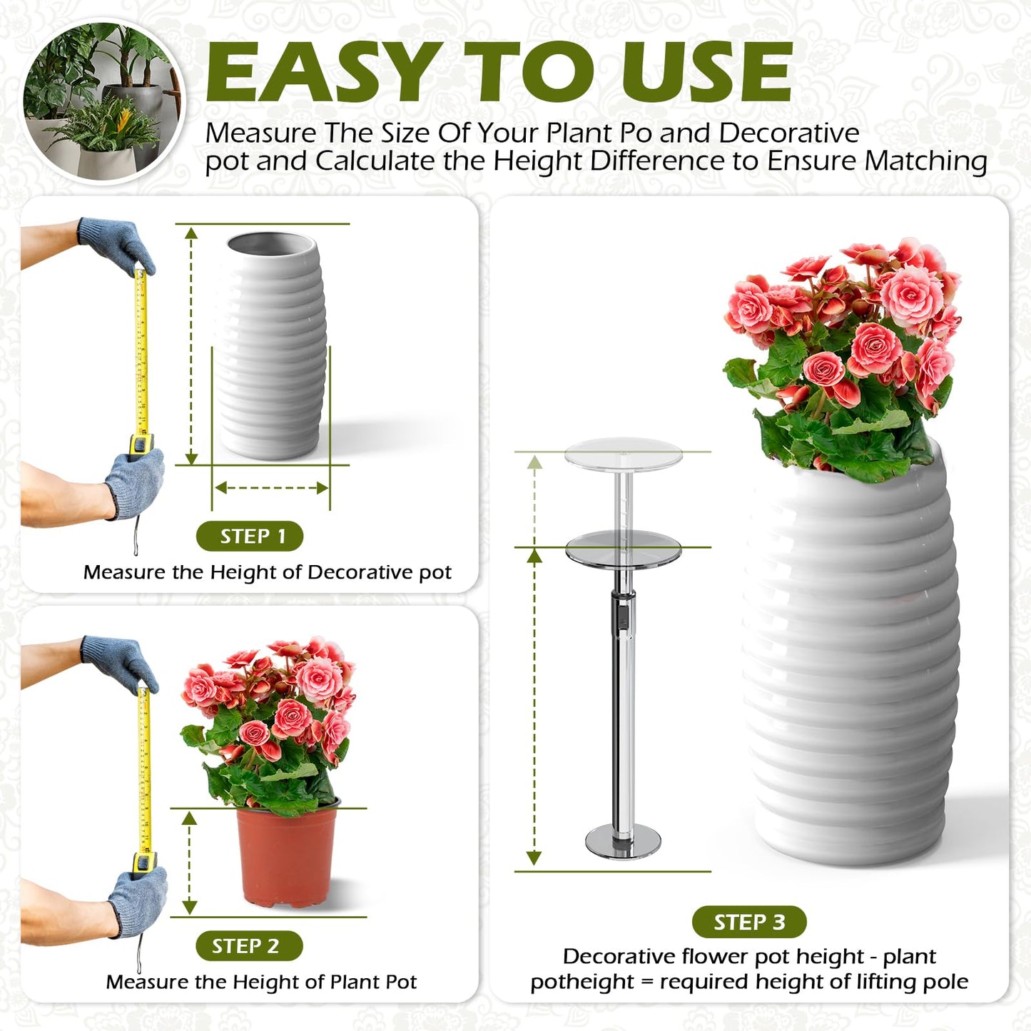 Hazztoll 2 Set Adjustable Plant Risers,11-17" Rise Plant Risers for Pots Outdoor, Metal Lift Insert for Tall Taper Flower Pots (6" 8" 10" Base or Top)
