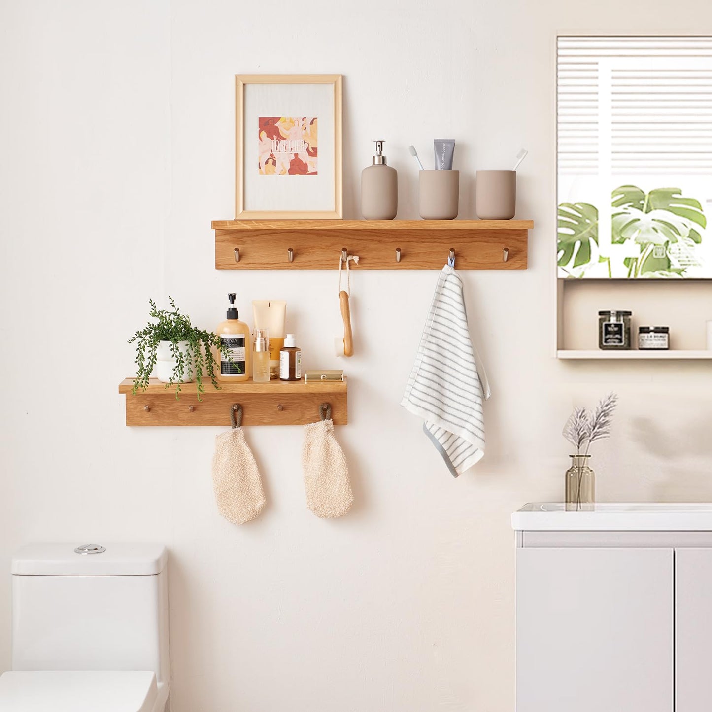 Oak Wood Wall Shelf with 6 Hooks, Entryway Shelf Coat Rack with Hooks Floating Shelves with Hooks for Clothes Hats Towel Purse Robes, Bathroom Mudroom Bedroom (27.5 inch)