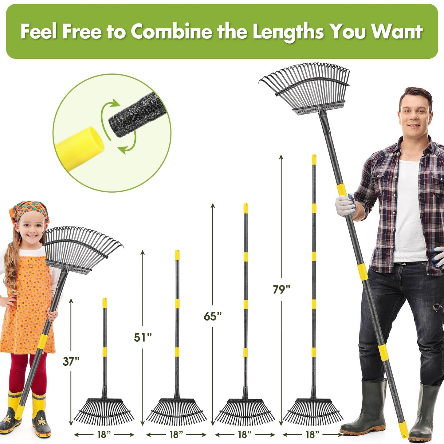 INFLATION Garden Rake for Leaves Heavy Duty Women Men Grandpas for Lawns,79” Length 18” Width Adjustable 25 Tines Sturdy Metal Yard Leaf Rakes with Non-Slip Comfortable Smooth Long Handle