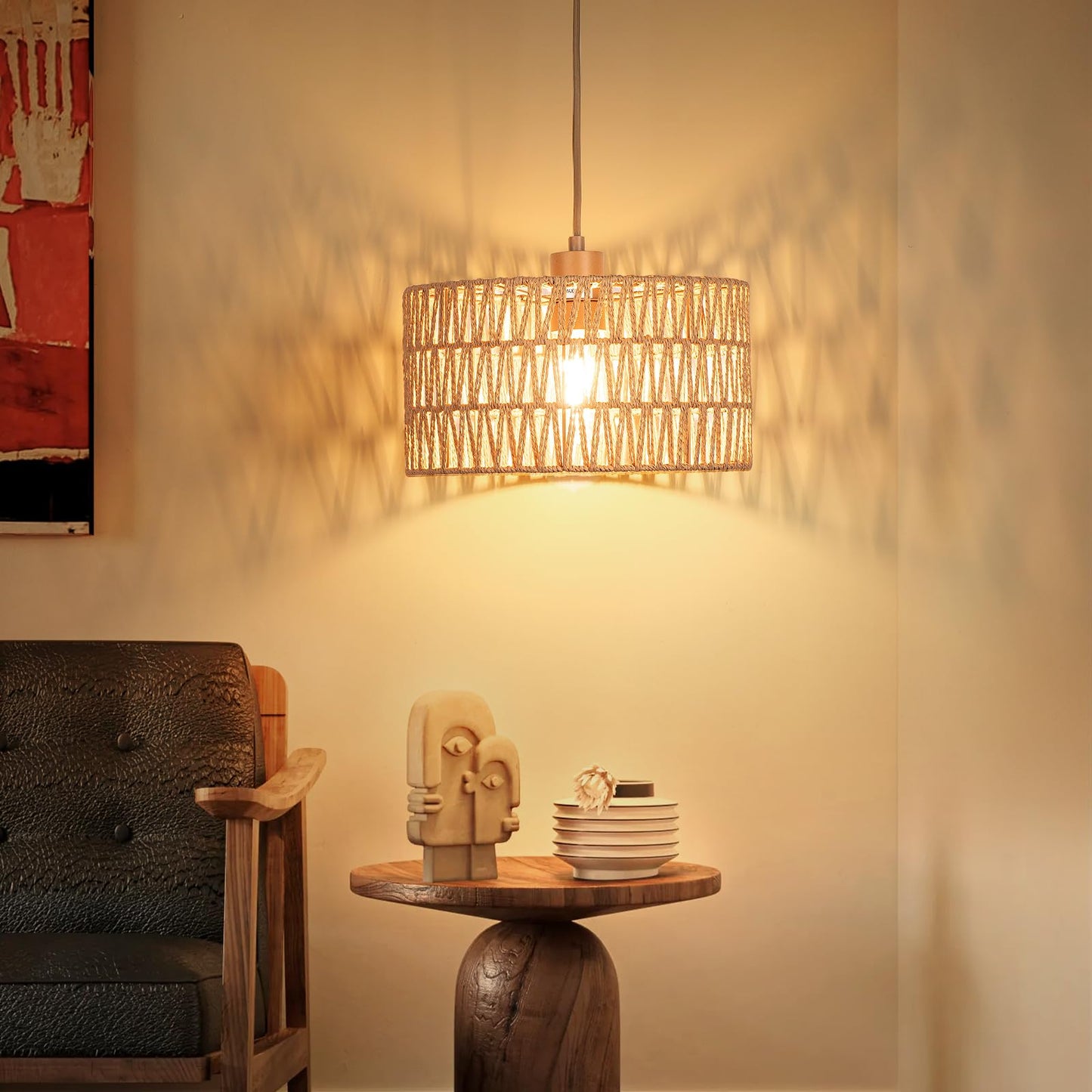Qingmiao Boho Plug in Pendant Light, Rattan Hanging Lamp Plug in with Woven Shade, 3-Way Dimmable Hanging Light Fixture for Living Room Bedroom Kitchen Ceiling Home Decor