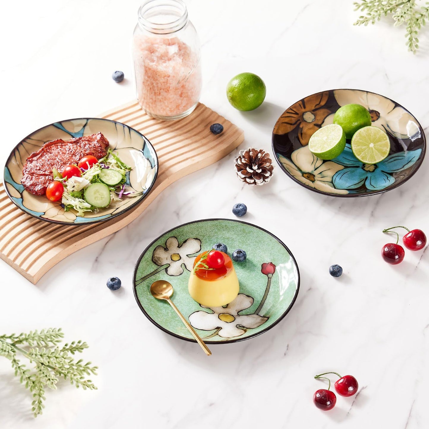 Soyestan Ceramic Salad Plates Set,8 in - Plates Set of 6 - For Steak,Salad, Pasta,Appetizer, Serving Etc - Dishwasher, Microwave, and Oven Safe, Scratch Resistant, Smooth Glaze (Multicolor A, 8 Inch)