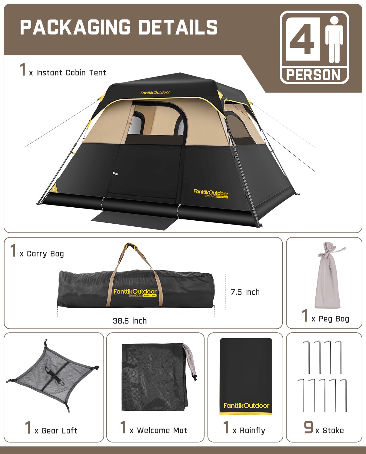 FanttikOutdoor Zeta C4 Pro Camping Tent 4 Person Instant Cabin Tent Setup in 60 Seconds with Rainfly & Windproof Portable with Carry Bag for Family Camping & Hiking, Khaki