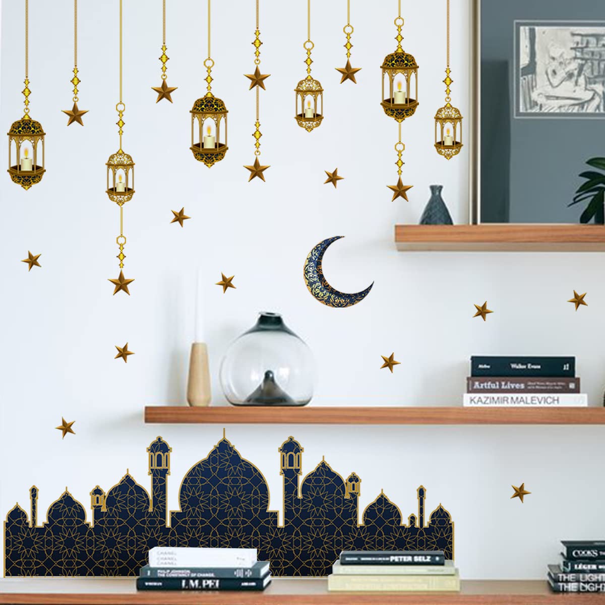 Ramadan Wall Stickers Islamic Muslim Wall Decals Eid Mubarak Ramadan Lantern Moon Star Window Decor for Home Living Room Bedroom Decorations Ramadan Wall Clings (Gold and Navy Blue)