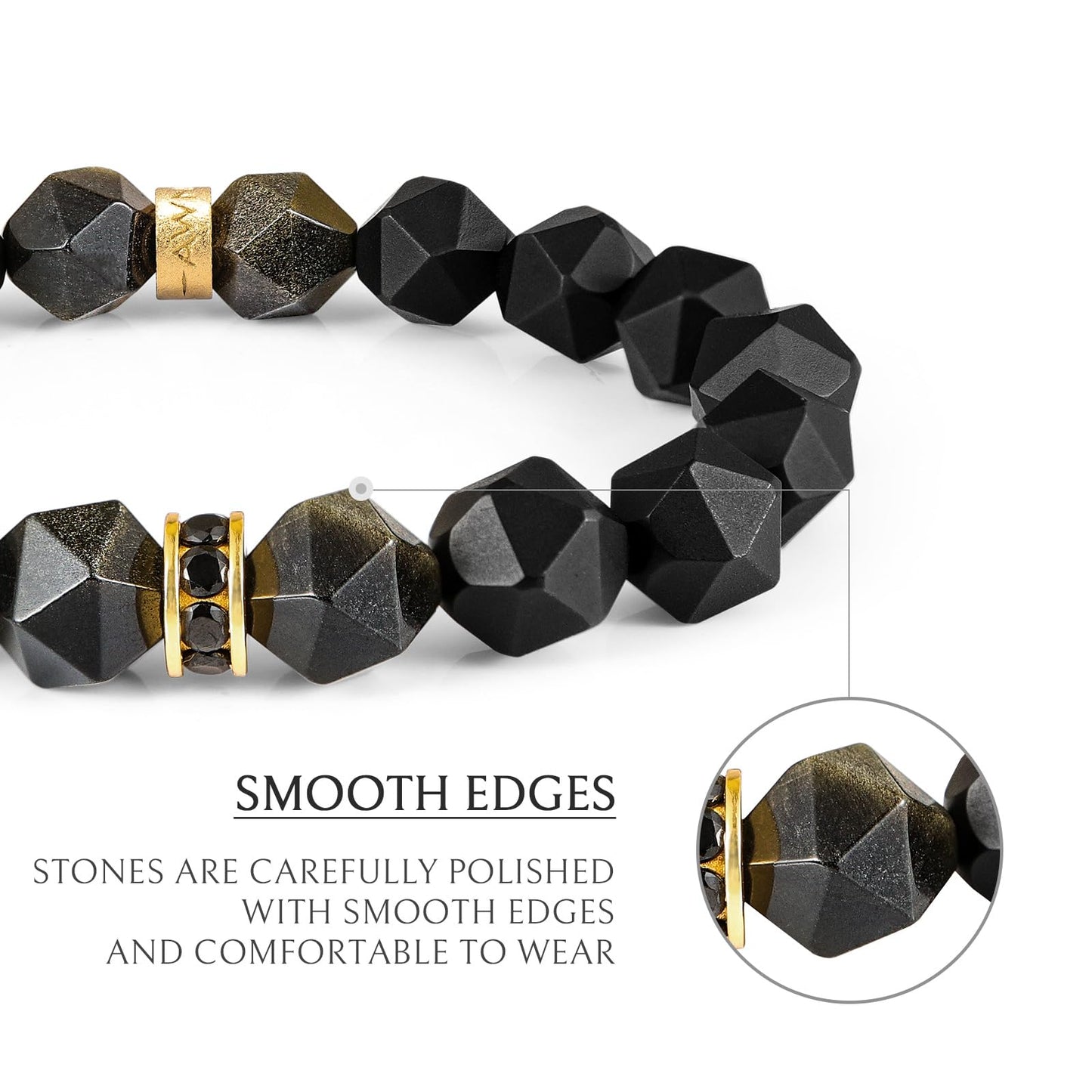 AWNL Men’s 10mm Beaded Bracelet with Onyx Obsidian Bracelet Energy Healing Double Protection Chakra Black Bracelet for Men with Lucky Charms, 6.3'' - 6.7''