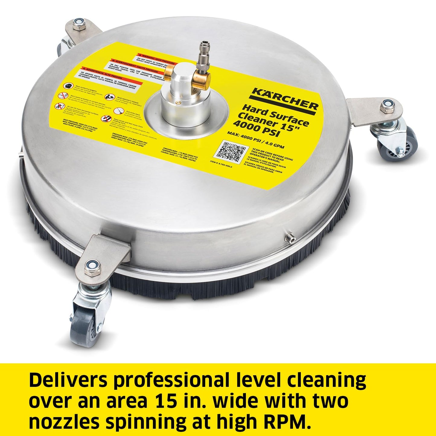 Kärcher Pressure Washer Surface Cleaner 15", 3 Wheels, Stainless Steel, Quick Connect, 4000 PSI, Ideal for Driveways, Patios, Decks, Sidewalks