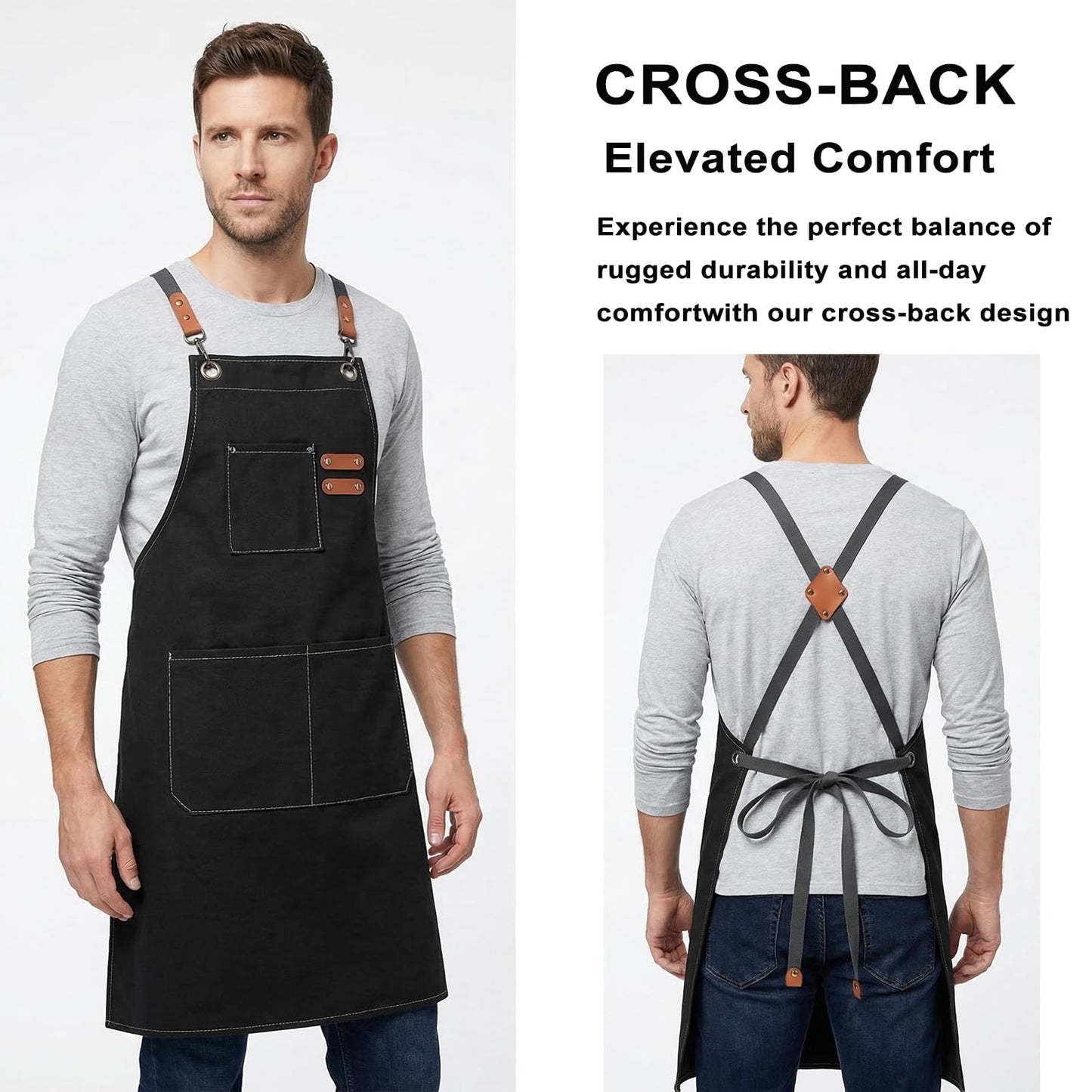 ZOMAO Chef Apron for Women Men with Large Pockets, Cotton Canvas Cross Back Waterproof Work Aprons for Kitchen Cooking Bib (Black)