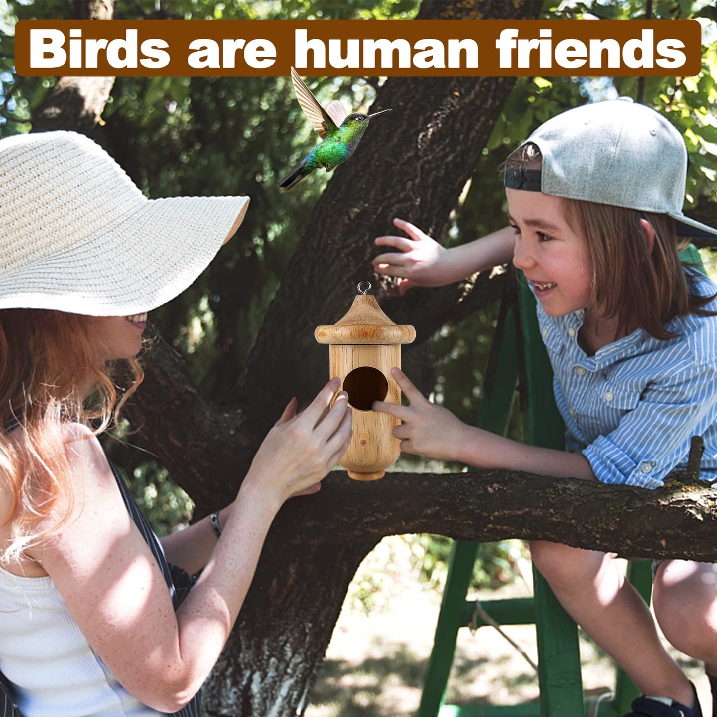 Hummingbird House for Outside Hanging, Small Wooden Hummingbird Gifts Nest 3 Pack with Hemp Ropes, Gardening Gifts Humming Bird Houses Home Decoration