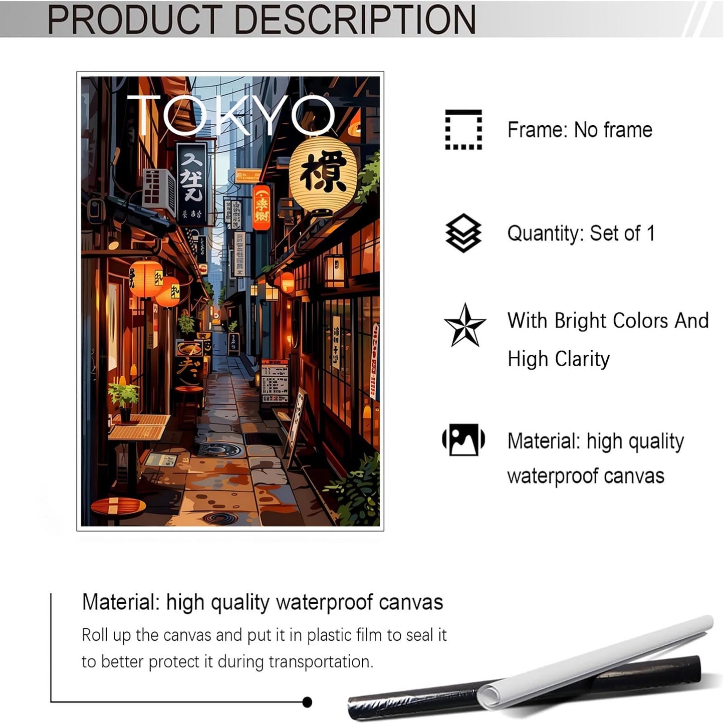 Tokyo Street Alley Night Scene Poster Japan City travel Canvas Wall Art Anime Style Japanese Food Street Landscape Prints Painting For Living Room Bedroom Office Wall Decor 12x16in Unframed