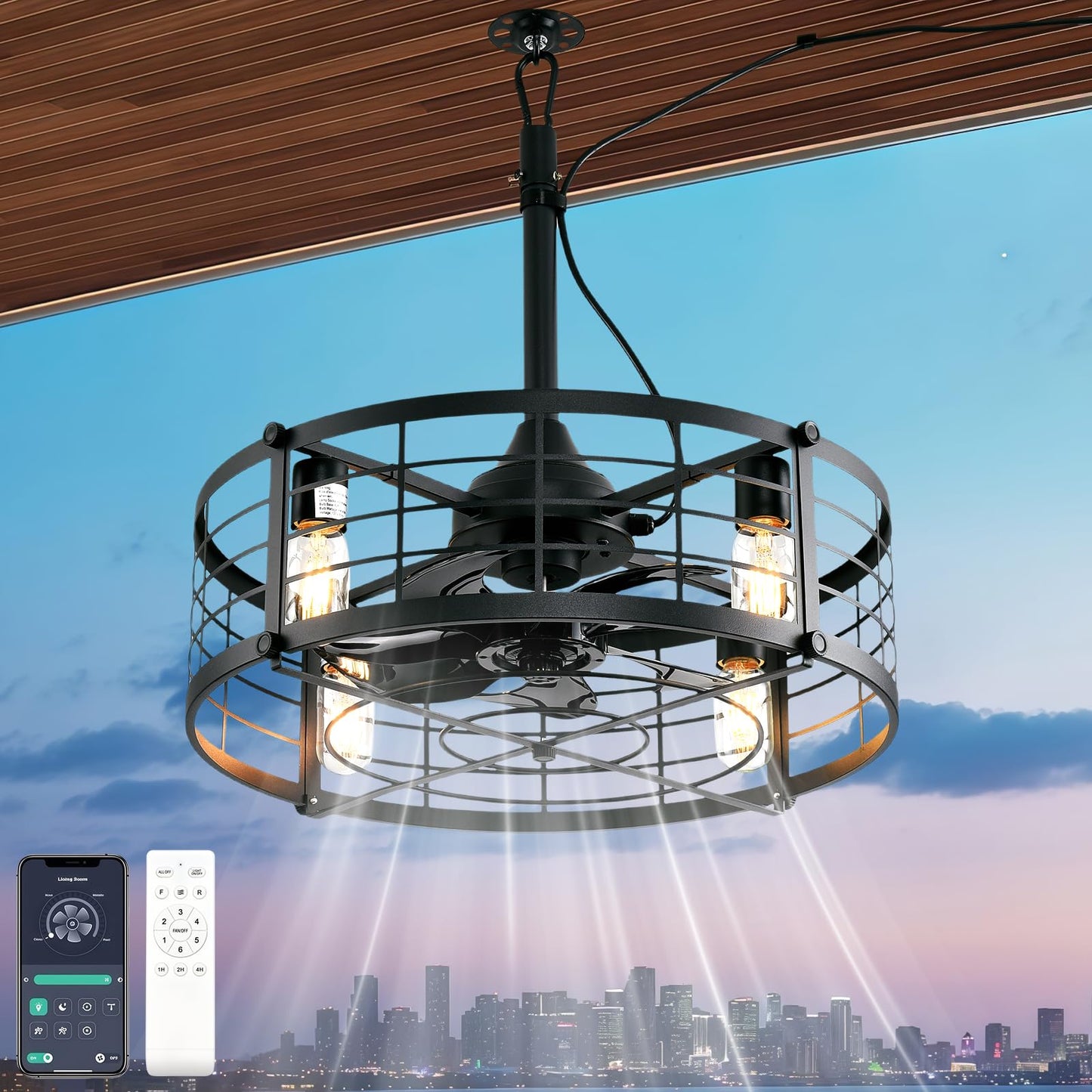 AHAWILL 20" Gazebo Fan, Outdoor Hanging Fan with Llight,6-Speed and Reversible,Plug in Ceiling Fan with Remote&APP,Cage Ceiling Fan with Light for Farmhouse,Gazebo,Patio,Warehouse